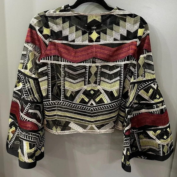 ALEXIS Women's Gem Embroidered Tulle Top Blouse Bell Sleeves Olive Maroon Small - Picture 9 of 10